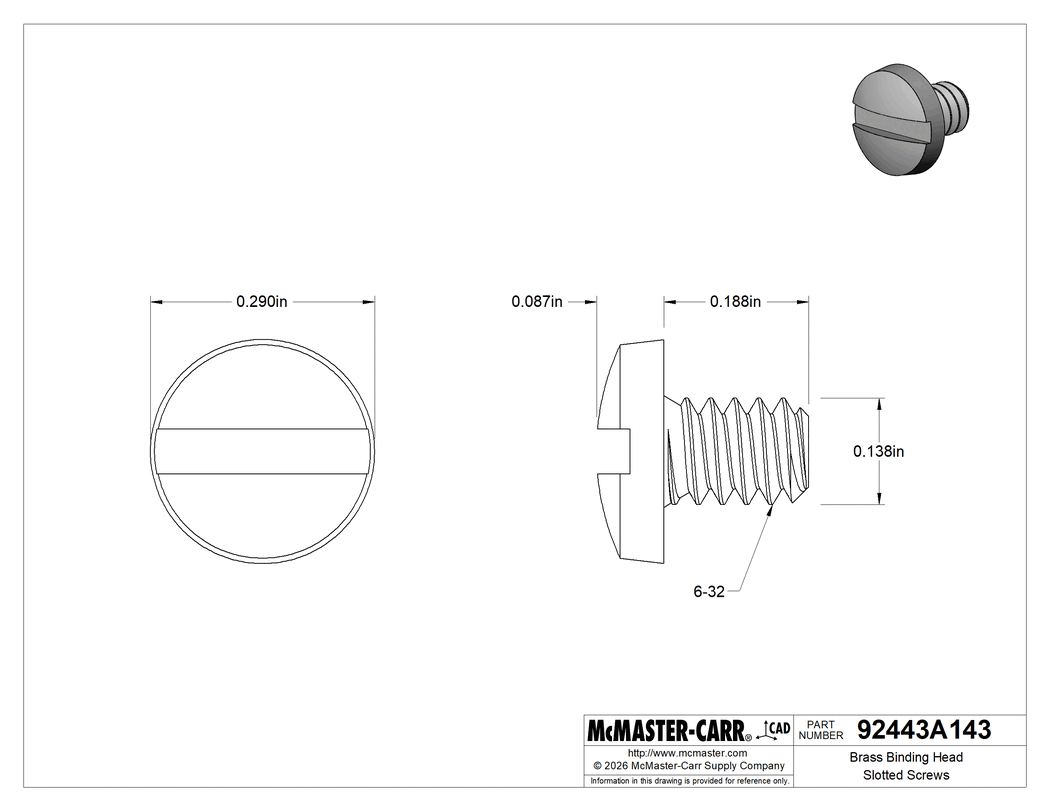 Technical Drawing of Brass Binding Head Slotted Screws, 6-32 Thread Size, 3/16" Long.